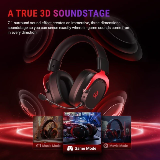 Alt view image 3 of 7 - Heroad VT200 Gaming Headset for PC: 53mm Neodymium Drivers - Detachable Noise Canceling Microphone - 2.4G/Bluetooth 6.0/Wired - Compatible for PS4/PS5, Switch, Xbox - 7.1 Surround Sound
