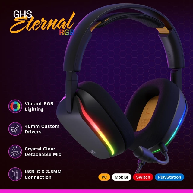 Alt view image 2 of 7 - GHS Eternal RGB - Wired Gaming Headset - PC, PS5, PS4 - Black | Custom Tuned Angled Drivers, Detachable Mic, Memory Foam Comfort, On-Ear Controls, USB-C Multi-Platform System Connection
