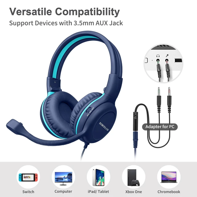 Alt view image 6 of 7 - Wired Headphones for School with Microphone, Kids Headset for PC | Noise-Reducing Boom Mic with Mute, Volume Limit(75/85/94dB), Durable Foldable PC Headset for Students K12, Teachers & Gaming