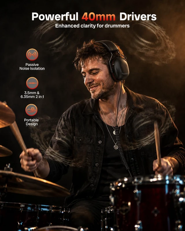 Alt view image 2 of 7 - Professional Over-Ear Noise Isolating Drummer Recording Wired Headphones | 40mm Drivers, 30dB Passive Noise Isolating, 3.5mm+6.35mm Jack, Studio Headphones for Drummers Electronic Drum Set, Guitar