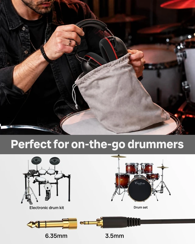 Alt view image 7 of 7 - Professional Over-Ear Noise Isolating Drummer Recording Wired Headphones | 40mm Drivers, 30dB Passive Noise Isolating, 3.5mm+6.35mm Jack, Studio Headphones for Drummers Electronic Drum Set, Guitar