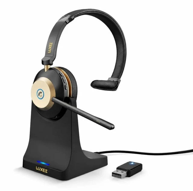 Main image of Bluetooth Wireless Headset with Microphone for Work - Single Ear Computer Headset with USB Dongle & Charging Base, Noise Canceling Office Headset for Laptop, Zoom, Audifonos con Microfono