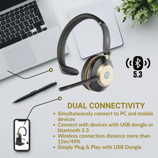 Alt view image 3 of 7 - Bluetooth Wireless Headset with Microphone for Work - Single Ear Computer Headset with USB Dongle & Charging Base, Noise Canceling Office Headset for Laptop, Zoom, Audifonos con Microfono