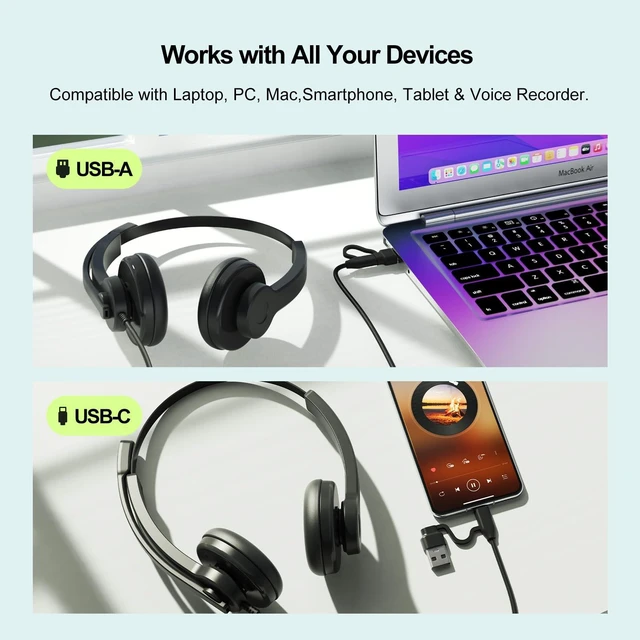 Alt view image 5 of 7 - C200U Noise Cancelling Headphones with Mic, 57dB ENC Wired Headset with Microphone for PC, USB-A/USB-C Headset for Work, 102g Lightweight Call Center Headset for Teams Zoom Google Meet Webex