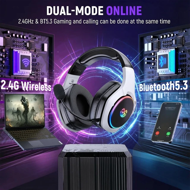 Alt view image 6 of 7 - Wireless Gaming Headset for PS5, Dual Mode, Low Latency, Black White | 7.1 Surround Sound, Bluetooth+2.4GHz Dual Mode, Noise-Canceling Mic for FPS Battle Royale, 40Hrs for Switch, Mobile, Laptop