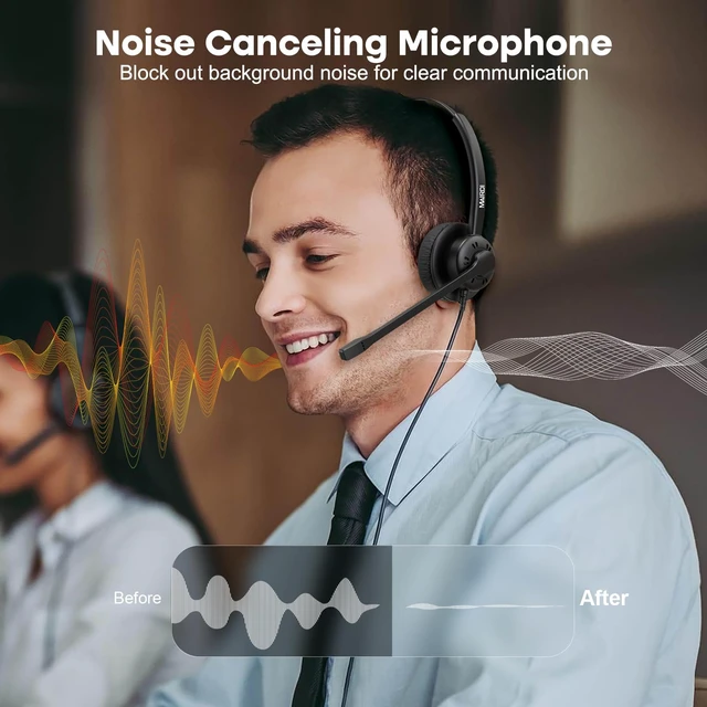 Alt view image 2 of 6 - Phone Headset with Noise Canceling Microphone, Call Center Office Headset with RJ9 Jack & 3.5mm Connector for Landline Deskphone Cell Phone PC Laptop, Telephone Headset Work for Polycom