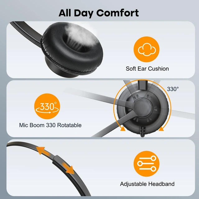 Alt view image 5 of 6 - Phone Headset with Noise Canceling Microphone, Call Center Office Headset with RJ9 Jack & 3.5mm Connector for Landline Deskphone Cell Phone PC Laptop, Telephone Headset Work for Polycom