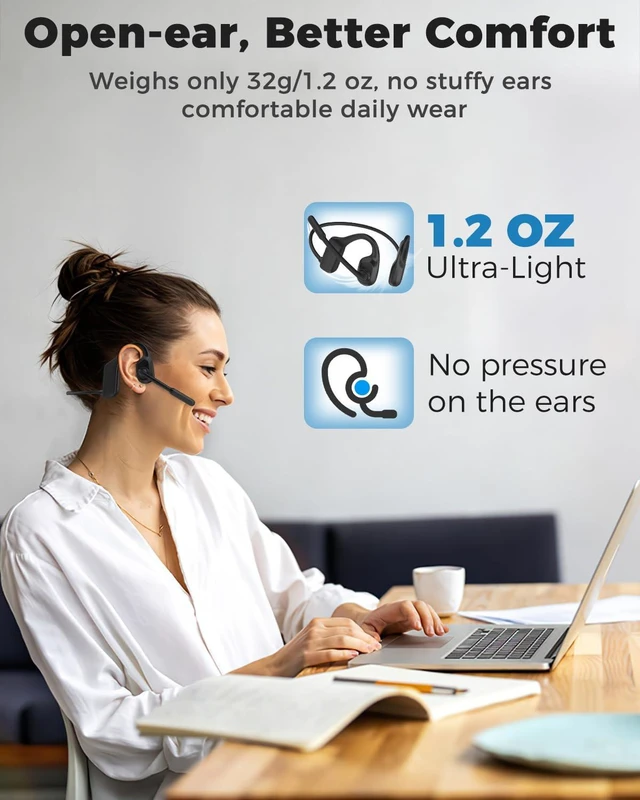 Alt view image 2 of 7 - Open Ear Headphones with Noise-Canceling Mic, Bluetooth Headset with Mic | Air Conduction Headphone, Wireless Headset with Adjustable Microphone, BT V6.0, for Trucker Drivers Work Office Running
