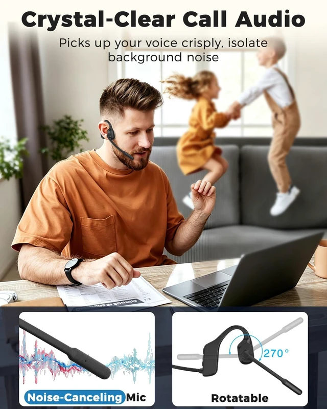 Alt view image 3 of 7 - Open Ear Headphones with Noise-Canceling Mic, Bluetooth Headset with Mic | Air Conduction Headphone, Wireless Headset with Adjustable Microphone, BT V6.0, for Trucker Drivers Work Office Running