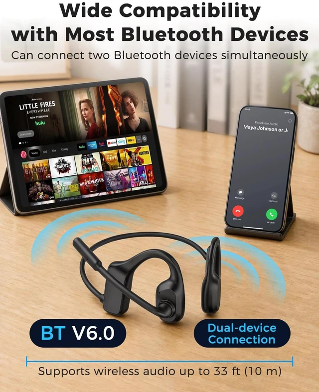 Alt view image 6 of 7 - Open Ear Headphones with Noise-Canceling Mic, Bluetooth Headset with Mic | Air Conduction Headphone, Wireless Headset with Adjustable Microphone, BT V6.0, for Trucker Drivers Work Office Running