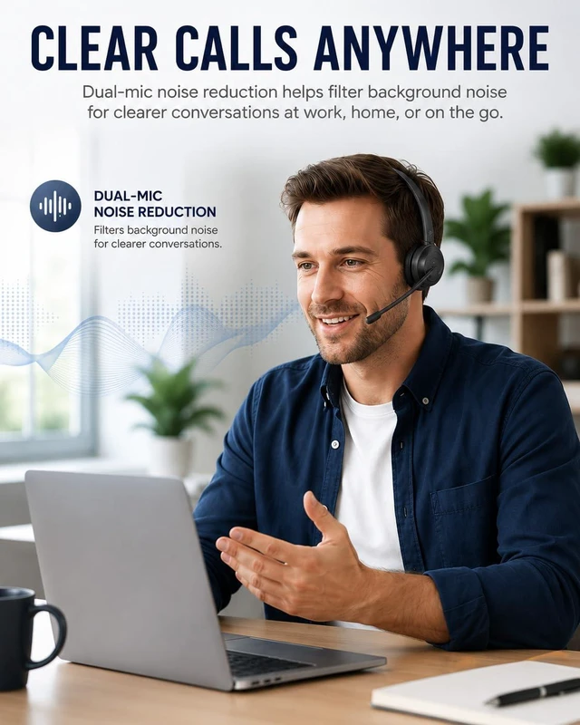 Alt view image 2 of 7 - Alto Solo - Single Ear Wireless Work Headset with Boom Mic | Noise Cancelling Microphone, Charging Stand, USB Wired Calling Backup, 20H Battery for PC, Laptop, Zoom and Teams