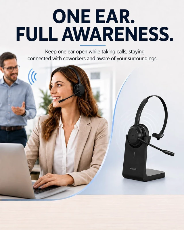Alt view image 3 of 7 - Alto Solo - Single Ear Wireless Work Headset with Boom Mic | Noise Cancelling Microphone, Charging Stand, USB Wired Calling Backup, 20H Battery for PC, Laptop, Zoom and Teams