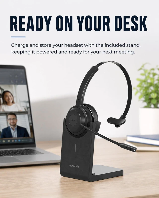 Alt view image 4 of 7 - Alto Solo - Single Ear Wireless Work Headset with Boom Mic | Noise Cancelling Microphone, Charging Stand, USB Wired Calling Backup, 20H Battery for PC, Laptop, Zoom and Teams