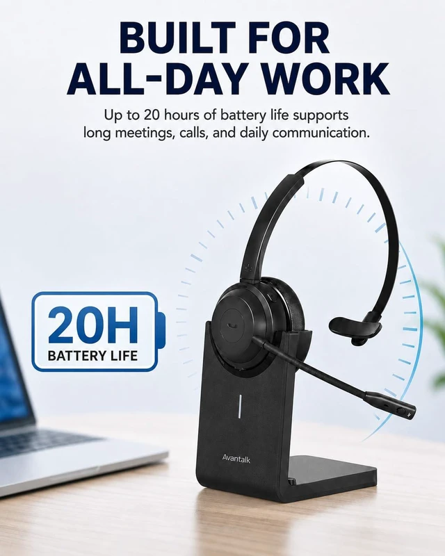 Alt view image 6 of 7 - Alto Solo - Single Ear Wireless Work Headset with Boom Mic | Noise Cancelling Microphone, Charging Stand, USB Wired Calling Backup, 20H Battery for PC, Laptop, Zoom and Teams
