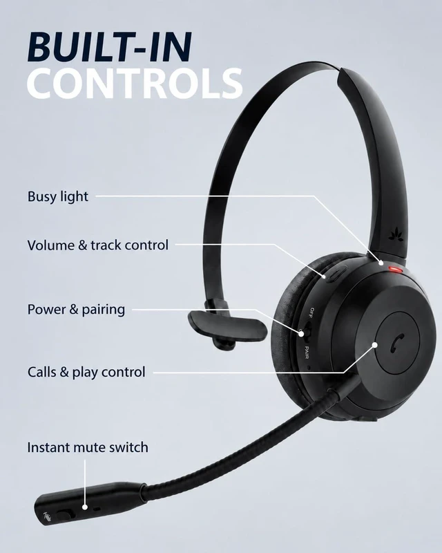 Alt view image 7 of 7 - Alto Solo - Single Ear Wireless Work Headset with Boom Mic | Noise Cancelling Microphone, Charging Stand, USB Wired Calling Backup, 20H Battery for PC, Laptop, Zoom and Teams
