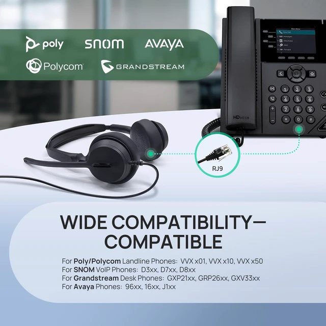 Alt view image 3 of 7 - Phone Headsets for Office Phones YHS36 E2 QD to RJ9 Wired Headset Compatible with Poly Snom Phones Desk Landline VoIP Headset with Microphone -Mono/81g/2.1m Cable
