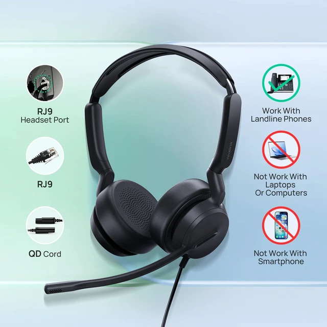 Alt view image 5 of 7 - Phone Headsets for Office Phones YHS36 E2 QD to RJ9 Wired Headset Compatible with Poly Snom Phones Desk Landline VoIP Headset with Microphone -Mono/81g/2.1m Cable