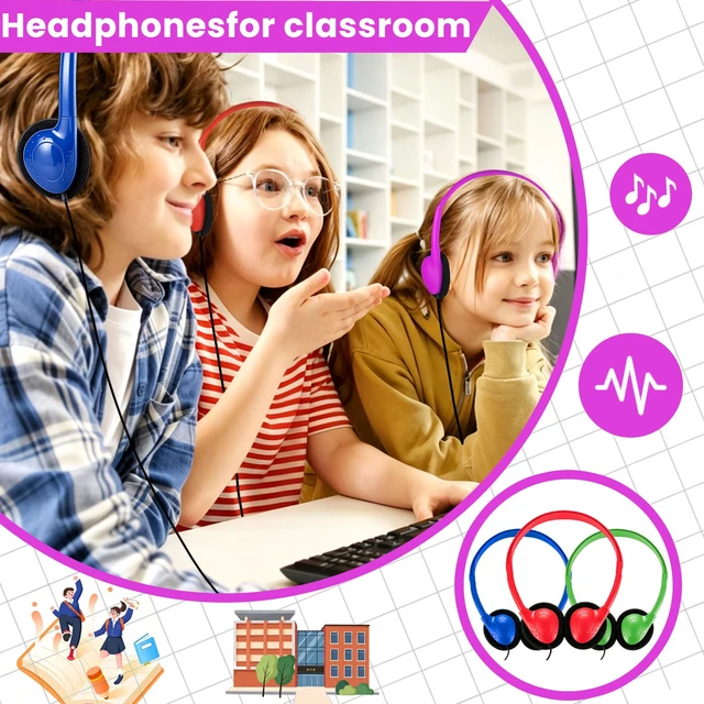 Alt view image 5 of 7 - Bulk 6 Pack Classroom Student Headphones for School Kids | Multi Color Wholesale Children On Ear Headset Perfect for Libraries, Computer Lab, Testing Centers