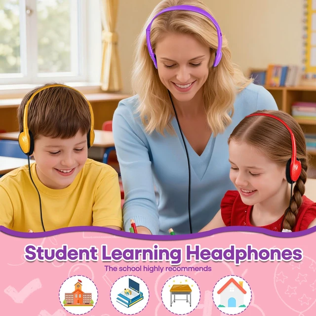Alt view image 7 of 7 - Bulk 6 Pack Classroom Student Headphones for School Kids | Multi Color Wholesale Children On Ear Headset Perfect for Libraries, Computer Lab, Testing Centers
