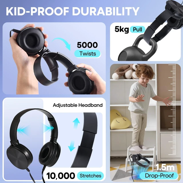 Alt view image 3 of 7 - Kids Headphones 2 Pack for School Classroom Students K-12, Black | Wired Comfy Swivel Headphones, Durable Class Set Earphones for Children to Adult, 3.5mm Jack for Chromebook Laptop Airplane