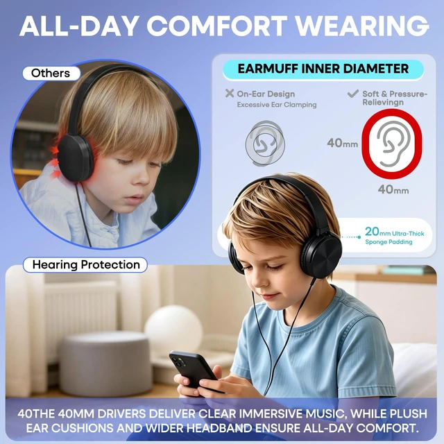 Alt view image 4 of 7 - Kids Headphones 2 Pack for School Classroom Students K-12, Black | Wired Comfy Swivel Headphones, Durable Class Set Earphones for Children to Adult, 3.5mm Jack for Chromebook Laptop Airplane