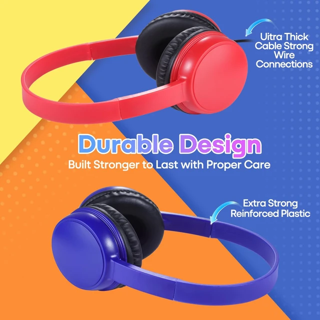 Alt view image 2 of 7 - Classroom Headphones Bulk 10 Pack Mutli Colors for School Kids, Class Sets Headsets for Students (Durable,Leather Earcup, Noise Reducing, Comfortable, Easy-to-Clean)