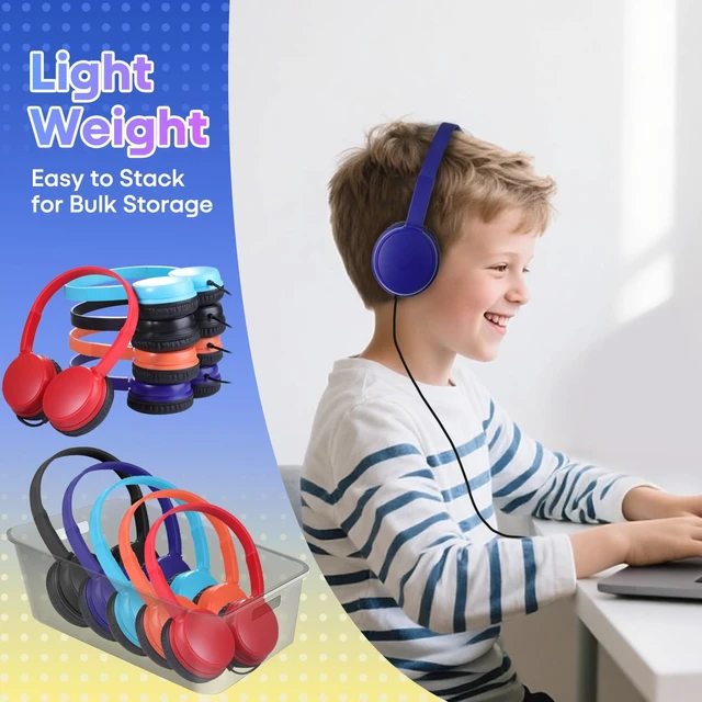 Alt view image 3 of 7 - Classroom Headphones Bulk 10 Pack Mutli Colors for School Kids, Class Sets Headsets for Students (Durable,Leather Earcup, Noise Reducing, Comfortable, Easy-to-Clean)