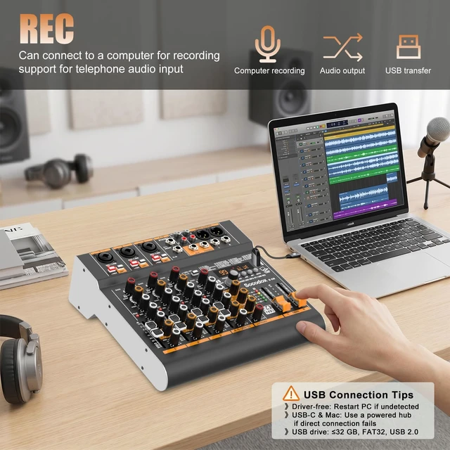 Alt view image 3 of 7 - 5 Channel Audio Mixer with Bluetooth & 99 DSP Effects for Streaming | 48V Phantom, 3-Band EQ, USB Rec, Stereo Inputs, Low Noise, Gain Control,Headphone Jack for Podcast, Church, Karaoke, Live