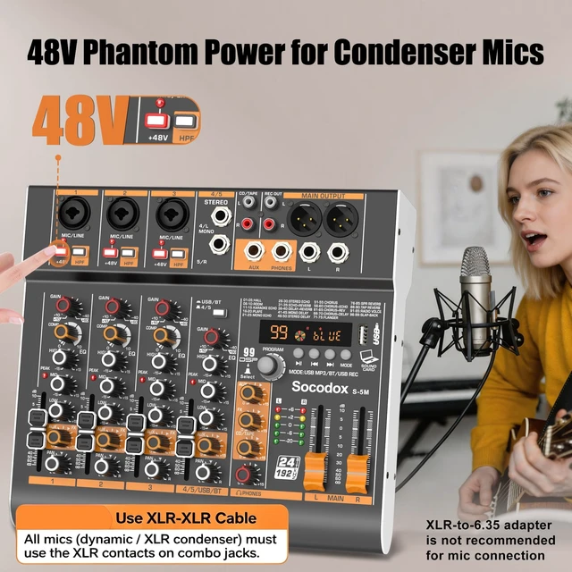 Alt view image 2 of 7 - 5 Channel Audio Mixer with Bluetooth & 99 DSP Effects for Streaming | 48V Phantom, 3-Band EQ, USB Rec, Stereo Inputs, Low Noise, Gain Control,Headphone Jack for Podcast, Church, Karaoke, Live