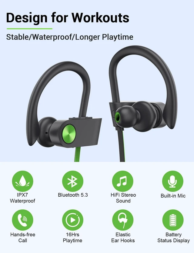 Alt view image 2 of 7 - Bluetooth 5.3 Headphones, Wireless Sports In-Ear Earbuds IPX7 Waterproof | 16 Hours Playtime, Sweatproof Stereo Earphones with MIC, Noise Cancelling Headsets for Gym Running Workout, Clear Sound