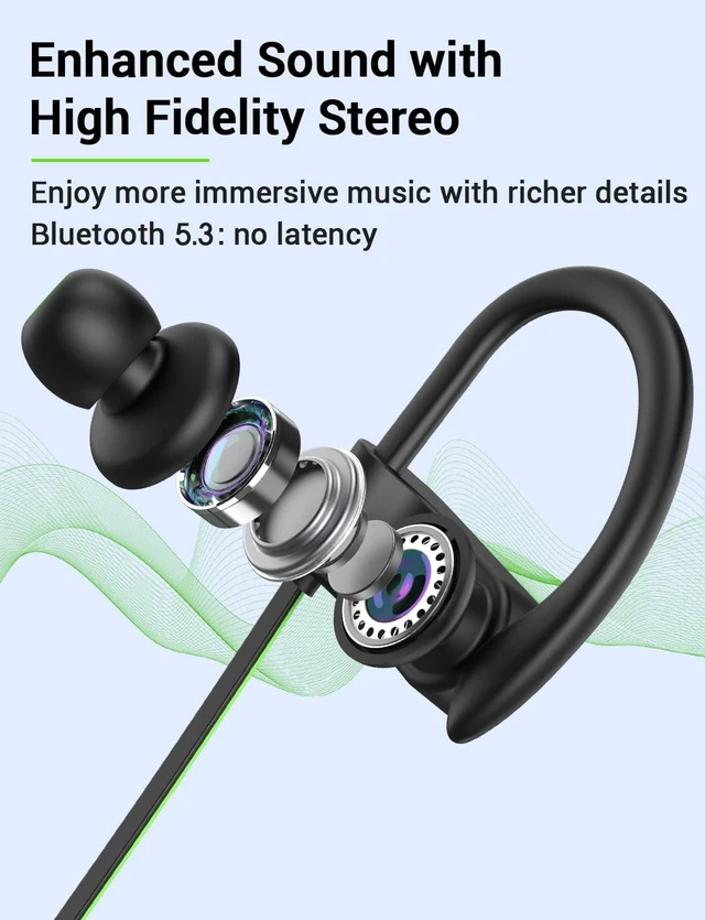 Alt view image 3 of 7 - Bluetooth 5.3 Headphones, Wireless Sports In-Ear Earbuds IPX7 Waterproof | 16 Hours Playtime, Sweatproof Stereo Earphones with MIC, Noise Cancelling Headsets for Gym Running Workout, Clear Sound
