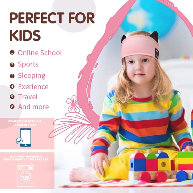 Alt view image 2 of 7 - Kids Bluetooth Headband Headphones Sleep Mask Wireless Earphones Built in Thin Speaker Adjustable Sports Headset Sleep Headband for Girls Boys Toddler Children Baby Travel Study Pink