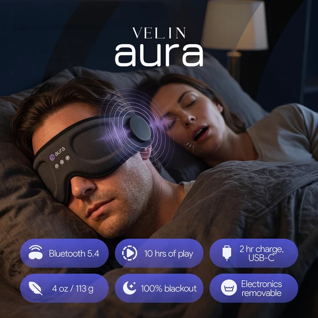 Alt view image 6 of 7 - Aura Sleep Mask with Bluetooth Headphones for Side Sleepers, Gray | 3D contoured eye cups, 100% blackout, flat speakers over each ear, removable module, washable, 60/120-min timer, USB-C