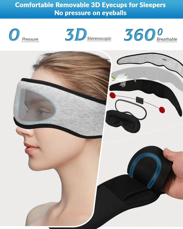 Alt view image 2 of 7 - Adjustable Bluetooth Sleep Mask with Headphones & Removable 3D Contoured | 100% Blackout Eye Mask with Headphones for Sleeping with Ultra-Thin Speakers, Perfect Tech Gifts for Men/Women-Grey