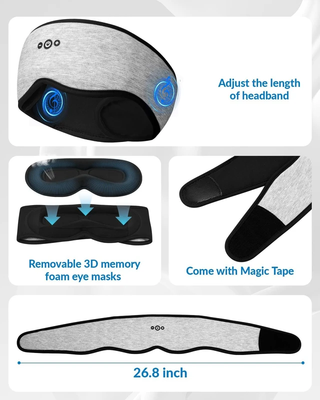 Alt view image 4 of 7 - Adjustable Bluetooth Sleep Mask with Headphones & Removable 3D Contoured | 100% Blackout Eye Mask with Headphones for Sleeping with Ultra-Thin Speakers, Perfect Tech Gifts for Men/Women-Grey
