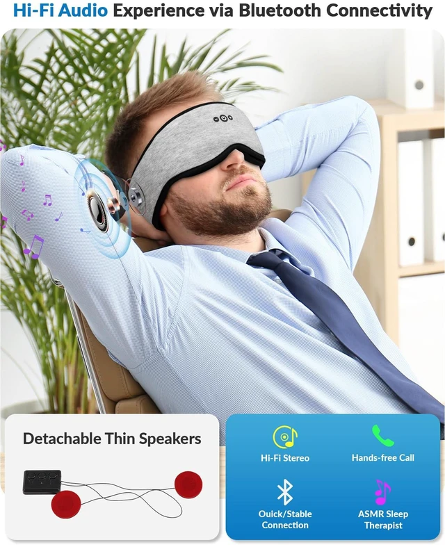 Alt view image 6 of 7 - Adjustable Bluetooth Sleep Mask with Headphones & Removable 3D Contoured | 100% Blackout Eye Mask with Headphones for Sleeping with Ultra-Thin Speakers, Perfect Tech Gifts for Men/Women-Grey