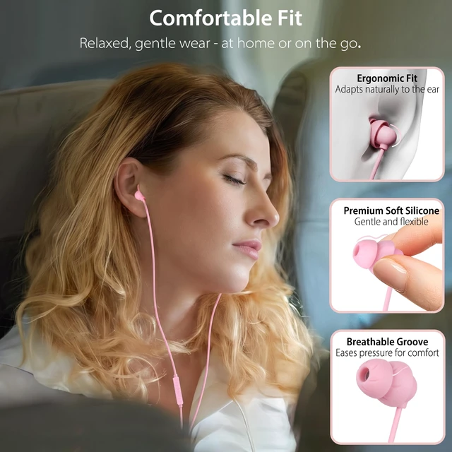 Alt view image 3 of 7 - Sleep Earbuds, Pink USB-C Wired Sleep Earphones with Mic, for Side Sleepers | Dual-layer noise isolation, Soft silicone earphones for Samsung, Pixel & iPhone 15~18, Ideal for side sleepers & women.