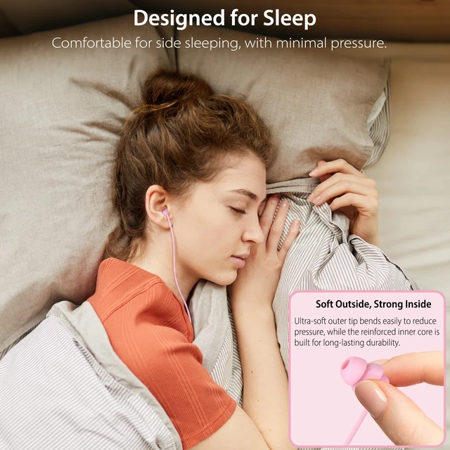Alt view image 4 of 7 - Sleep Earbuds, Pink USB-C Wired Sleep Earphones with Mic, for Side Sleepers | Dual-layer noise isolation, Soft silicone earphones for Samsung, Pixel & iPhone 15~18, Ideal for side sleepers & women.