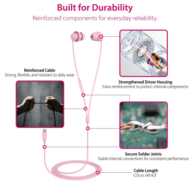 Alt view image 7 of 7 - Sleep Earbuds, Pink USB-C Wired Sleep Earphones with Mic, for Side Sleepers | Dual-layer noise isolation, Soft silicone earphones for Samsung, Pixel & iPhone 15~18, Ideal for side sleepers & women.