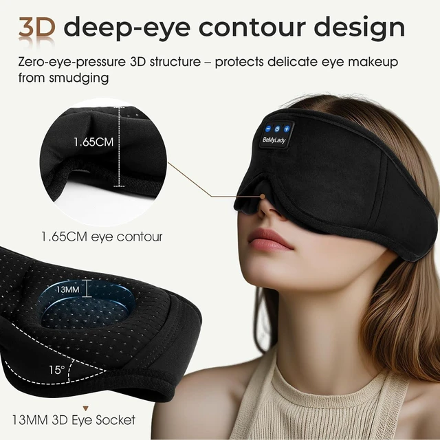 Alt view image 3 of 7 - Sleep Mask with Bluetooth Headphone,100% Blackout, Zero Eye Pressure, Black | 3D Contoured Breathable Eye mask, Sleep Headphones for Side Sleepers, 14H Playtime & Bluetooth 5.4