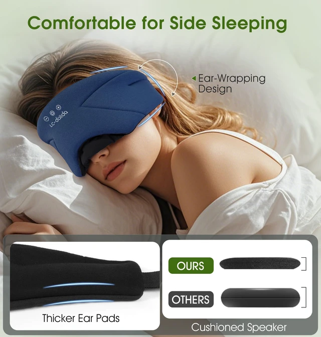 Alt view image 2 of 7 - Sleep Mask with Headphones Bluetooth 5.4, Soft Bamboo Cotton Wireless Bluetooth Sleep Mask, Music Sleeping Headphones Cooling & Breathable, Ultra-Thin Stereo Speaker for Side Sleepers-Blue