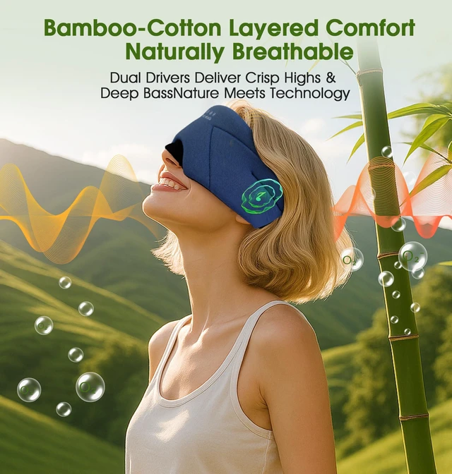 Alt view image 6 of 7 - Sleep Mask with Headphones Bluetooth 5.4, Soft Bamboo Cotton Wireless Bluetooth Sleep Mask, Music Sleeping Headphones Cooling & Breathable, Ultra-Thin Stereo Speaker for Side Sleepers-Blue