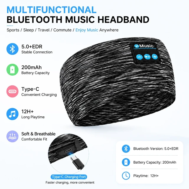 Alt view image 2 of 7 - Sleep Headphones Headband Wireless for Side Sleepers (Black) | Sleeping Headphones, Adjustable Sleep Headphones and Bluetooth Headbands for Women Men, Long Standby, Hi-Fi Sound Quality