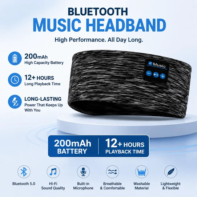 Alt view image 4 of 7 - Sleep Headphones Headband Wireless for Side Sleepers (Black) | Sleeping Headphones, Adjustable Sleep Headphones and Bluetooth Headbands for Women Men, Long Standby, Hi-Fi Sound Quality