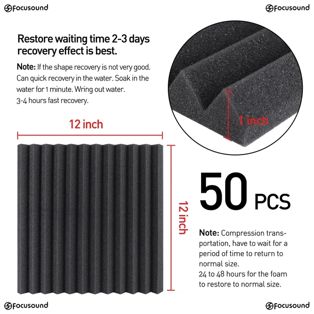 Alt view image 4 of 7 - 50 Pack Acoustic Foam Panels 1" x 12" x 12" Sound Proof Foam Panles Soundproofing Noise Cancelling Wedge Panels for Home Office Recoding Studio with 300PCS Double-Side Adhesive