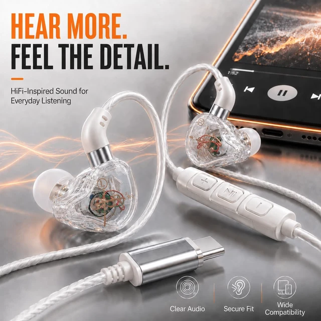 Alt view image 7 of 7 - HiFi Wired Earbuds, USB-C & 3.5mm IEM Earphones, Hybrid Drivers, Comfy Fit | Studio-grade HiFi sound with hybrid drivers, precision crossover, acoustic tuning, ergonomic fit