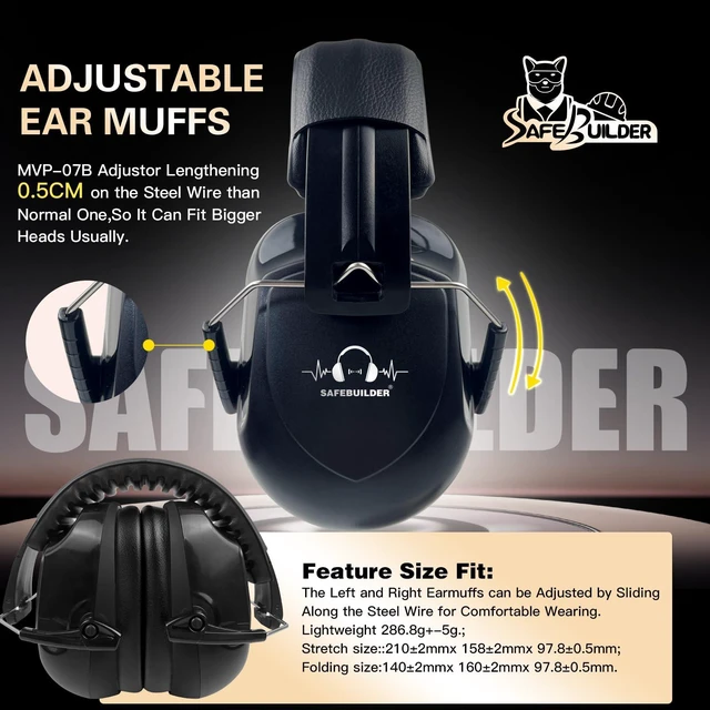 Alt view image 4 of 7 - Safety Ear Muffs SNR 33dB Noise Reduction Black Earmuffs Adults Sound Proof For Sleeping Working Shooting Industrial (1, 1-Black)