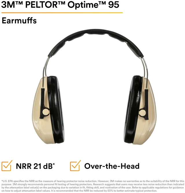 Alt view image 2 of 7 - PELTOR Optime 95 Ear Muffs, Over the Head, H6A/V, 21 dB NRR | Adjustable Earcups, E-A-Rfit Compatible, Stainless Steel, Pack of 1, Beige