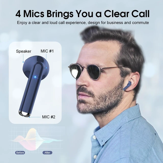 Alt view image 2 of 7 - Wireless Earbuds, Bluetooth 5.3 Headphones with 4-Mics ENC Clear Call, Bluetooth Earbuds Touch Control 25Hour Stereo Sound with LED Power Display, Waterproof Earphones Sprot for Workout Deep Blue