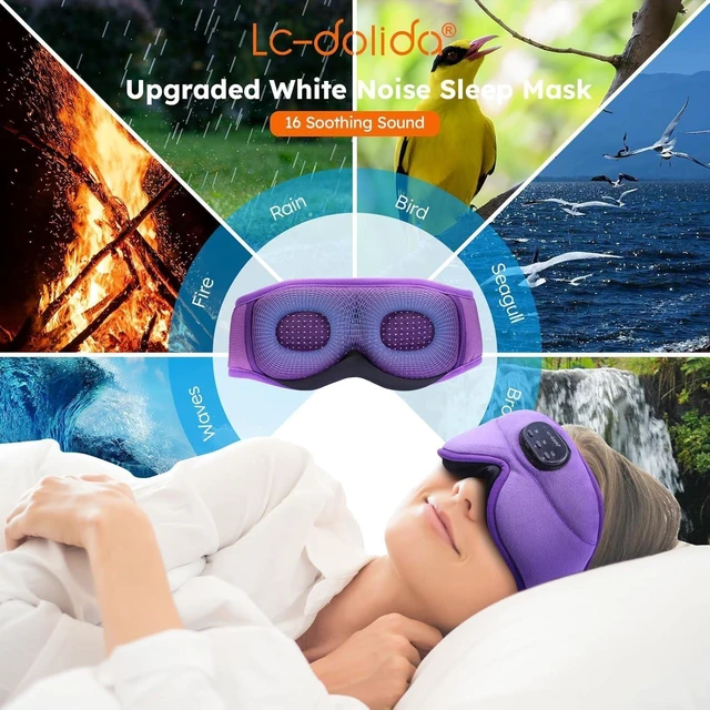 Alt view image 2 of 7 - White Noise Bluetooth 5.4 Sleep Eye Mask with Timer, 3D Sleeping Mask Headphones with 16 Soothing Sounds, Total Blackout Sleep Headphones for Side Sleeper/Women/Men (Purple)